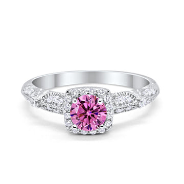 Halo Engagement Bridal Ring Simulated Pink CZ 925 Sterling Silver